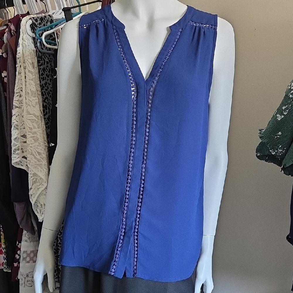 Naked Zebra Cobalt Blue Sleeveless Button Up Blouse with Decorative Trim